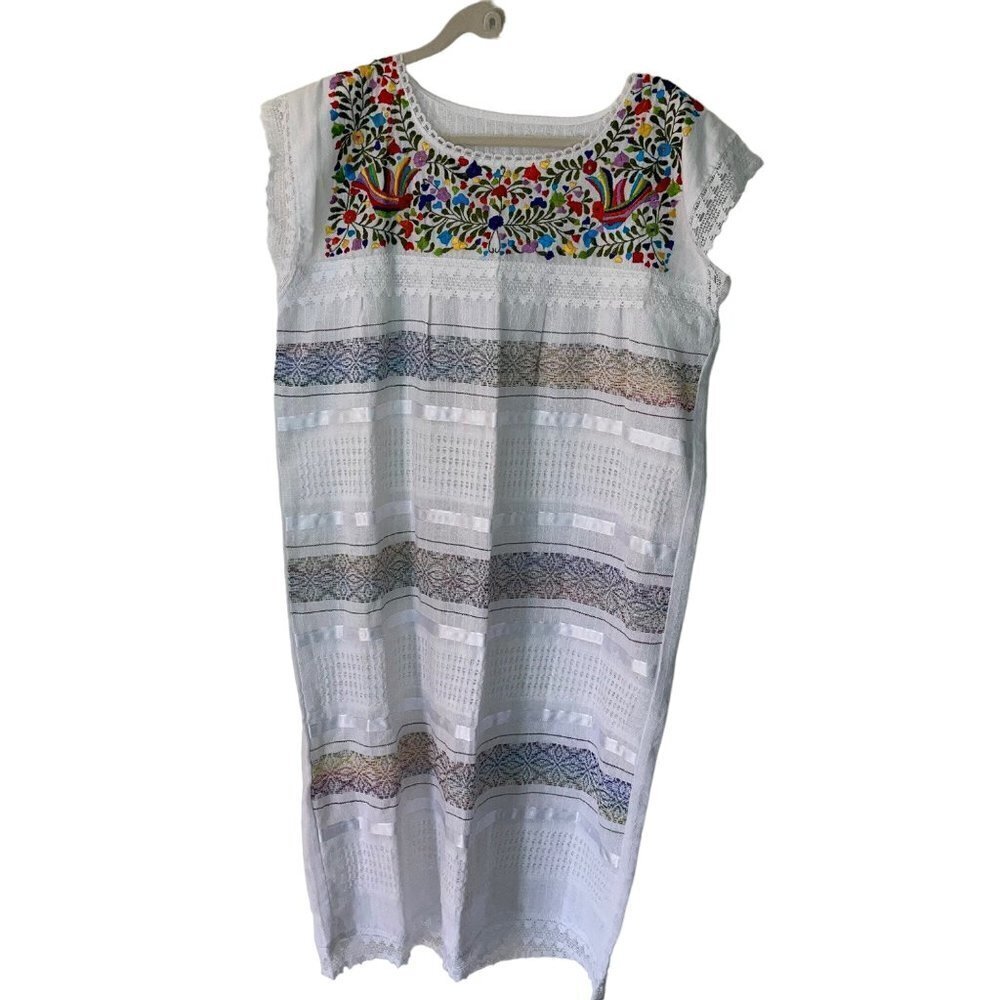 Vintage Mexican Midi Shift Dress Size Large Multicolor Cream Embroidered Floral